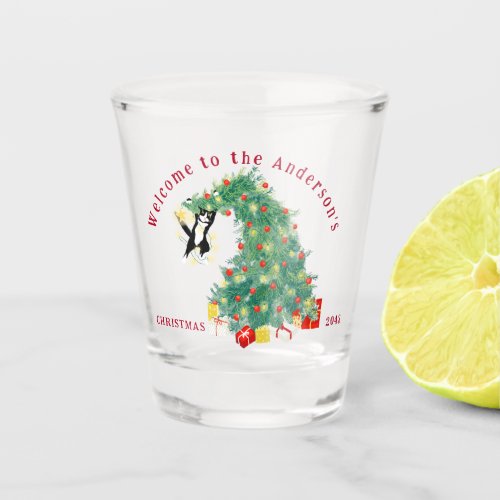 Funny Cat and Christmas Tree Personalized Shot Glass