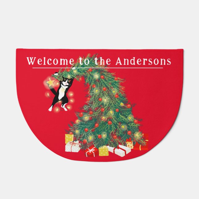 Funny Cat and Christmas Tree Red Holiday Doormat (Front)