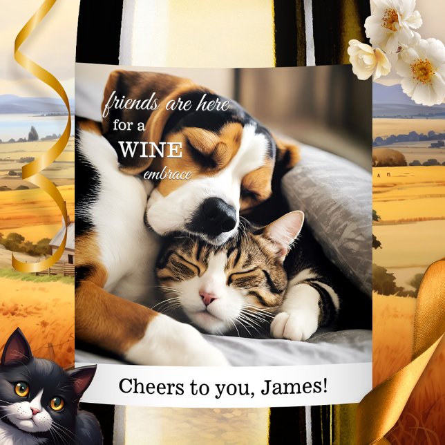 Funny Cat and Dog Friendship Photo  Wine Label (Friendship funny wine label featuring a warm embrace of a dog and cat (or your photo))