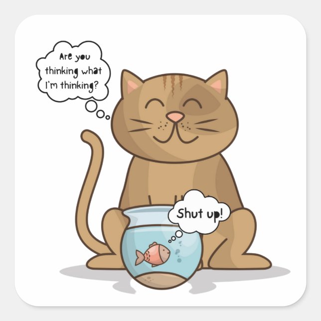 Funny Cat and Fish Conversation Square Sticker (Front)