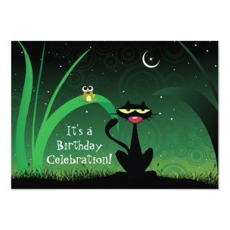 Funny Cat and Frog at Night Birthday Invitation