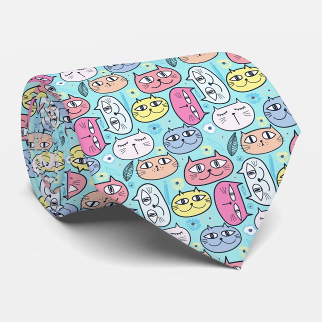 Funny Cat and Kitten Faces Blue     Neck Tie (Rolled)