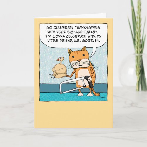 Funny Cat and Little Turkey Thanksgiving Card