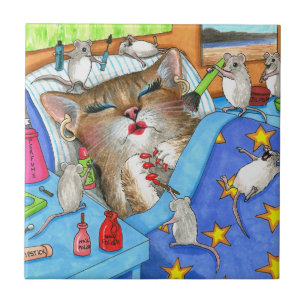 Funny Cat and Mice Make-up 508 Ceramic Tile