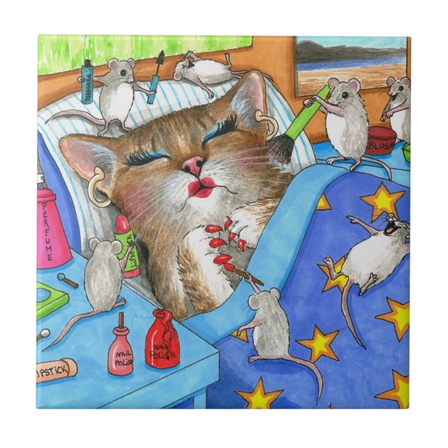 Funny Cat and Mice Make-up 508 Ceramic Tile (Front)