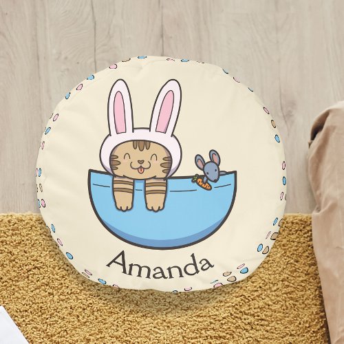 Funny Cat and Mouse Baby Pink Personalized Pouf