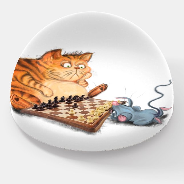 Funny Cat and Mouse Playing Chess Paperweight (Angled)