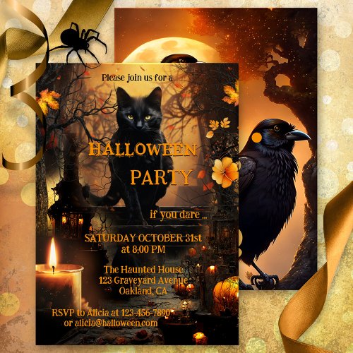 Funny Cat and Raven Halloween Party Invitation