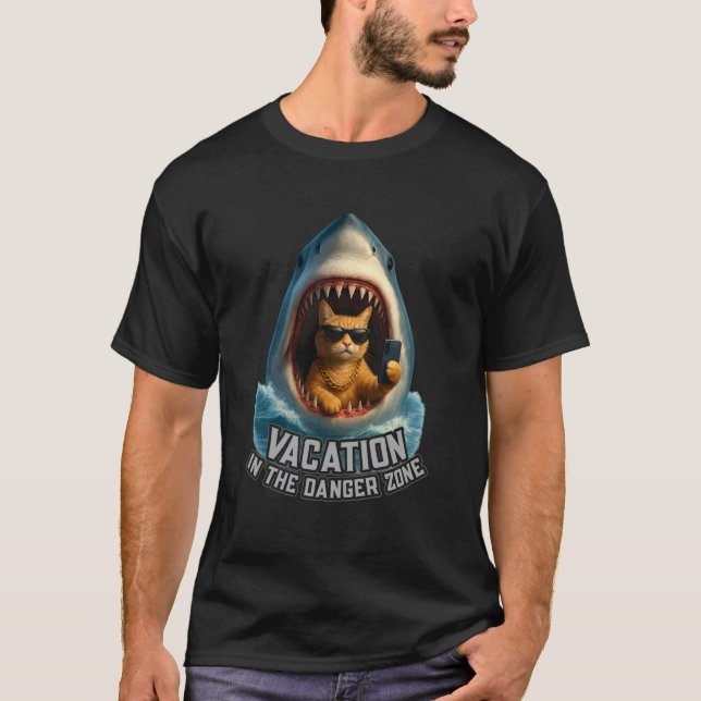 Funny Cat and Shark Vacation Cool tee Design Meme  (Front)