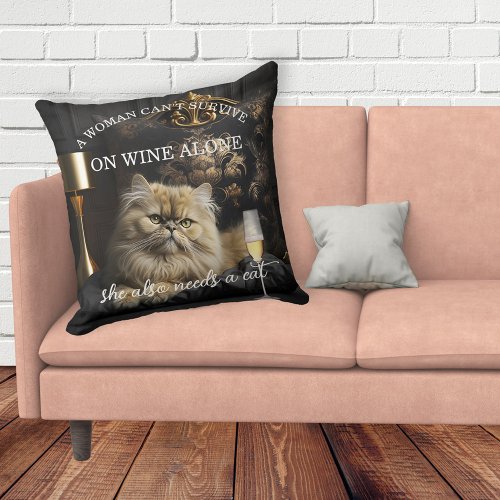 Funny Cat and Wine Throw Pillow