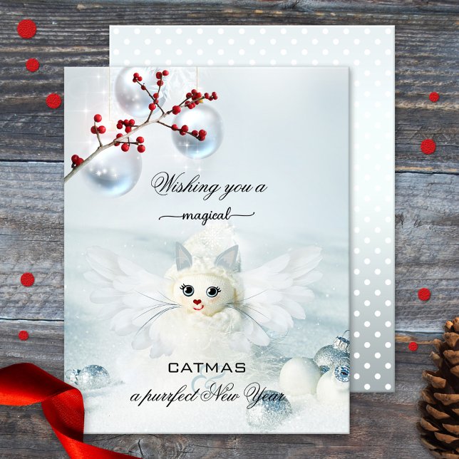 Funny Cat Angel Christmas New Year Card (Christmas and New Year holiday card featuring a funny cat angel with Christmas balls in dream snow)