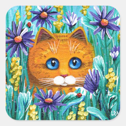 Funny Cat Art Orange Tabby Flowers Creationarts Square Sticker