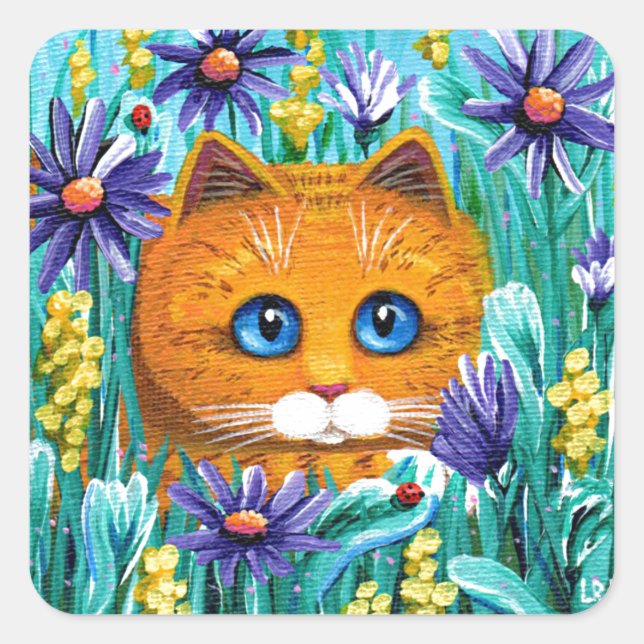 Funny Cat Art Orange Tabby Flowers Creationarts Square Sticker (Front)