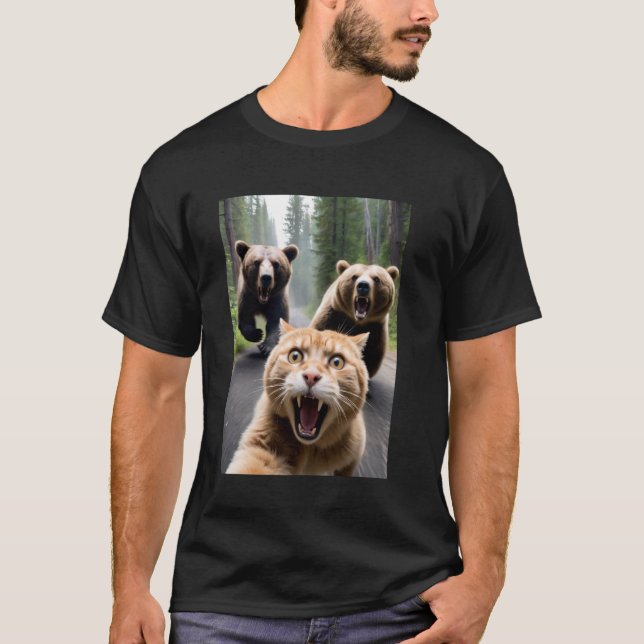 Funny Cat Bear Attack Selfie T-Shirt (Front)