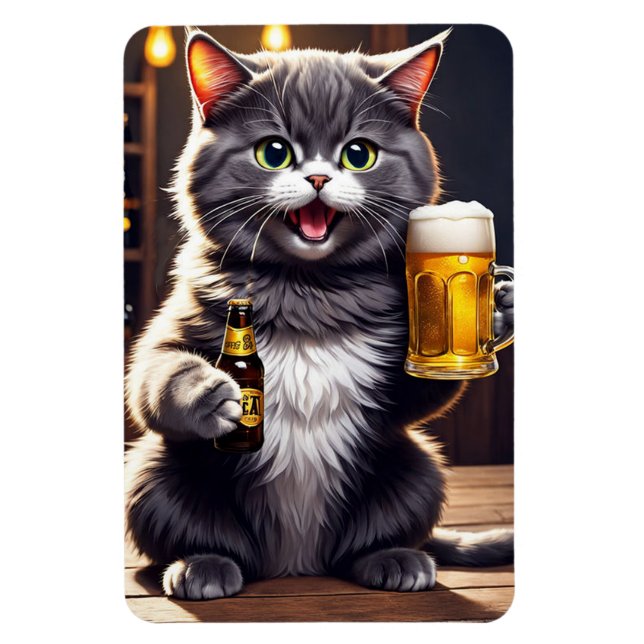 Funny Cat Beer Magnet - Refrigerator Joke Gift (Vertical)