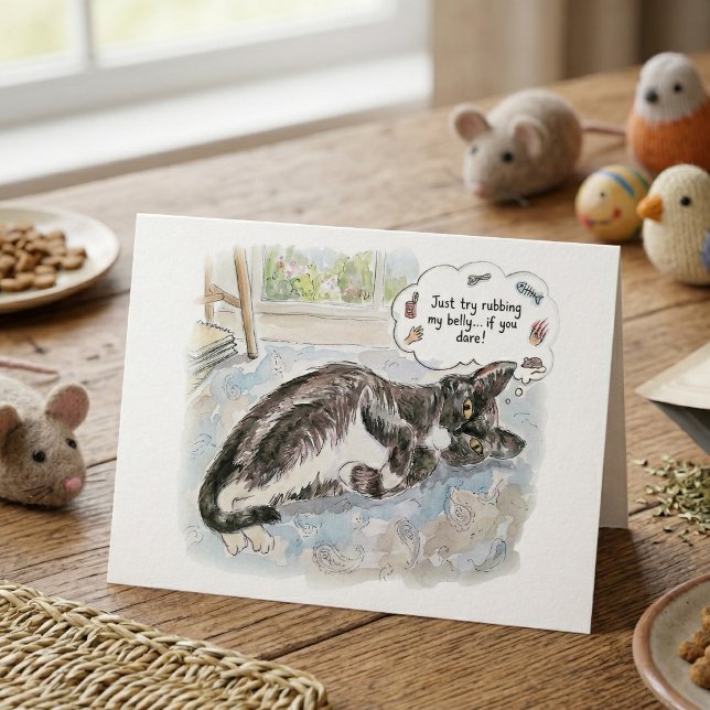 Funny Cat Belly Rub Warning Watercolour Art Design Thank You Card (Creator Uploaded)