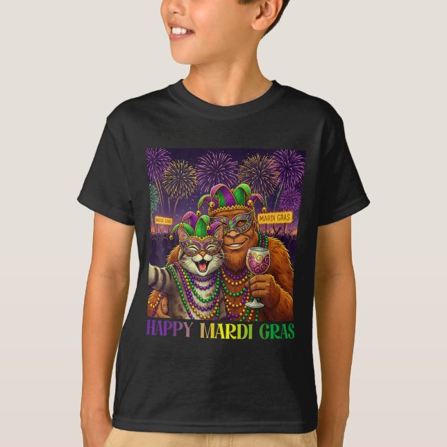 Funny Cat Bigfoot Selfie Mardi Gras Carnival Party T-Shirt (Front)