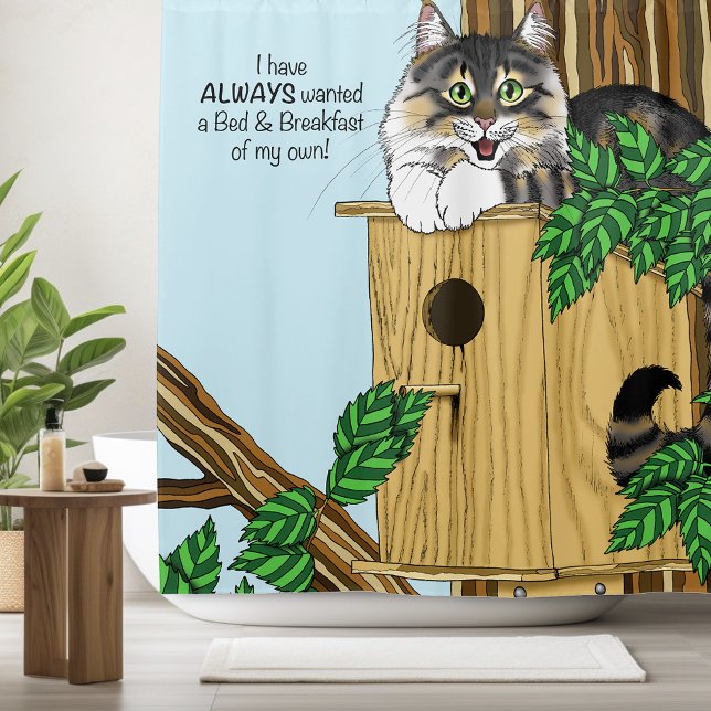 Funny Cat Birdhouse Bed & Breakfast Whimsical Shower Curtain (Creator Uploaded)