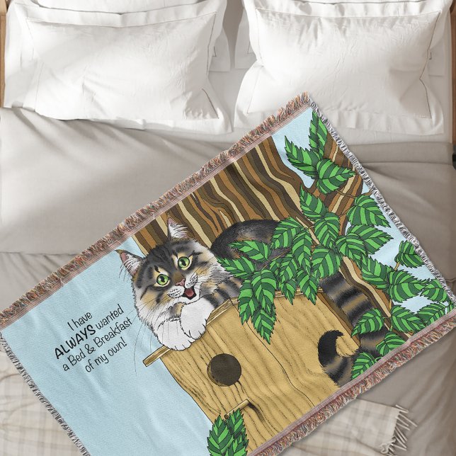 Funny Cat Birdhouse Bed & Breakfast Whimsical Throw Blanket (Creator Uploaded)