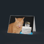 Funny cat birthday card<br><div class="desc">orange tabby cat with his tongue out by a blazing candled birthday cake</div>