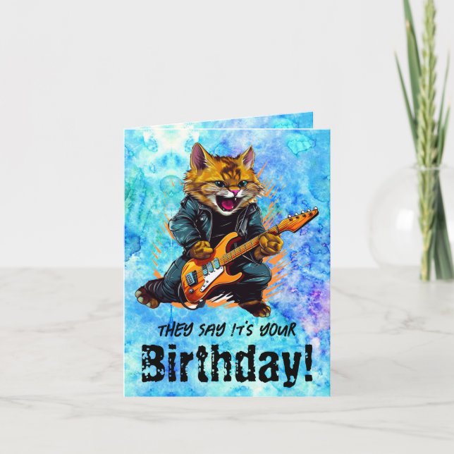 Funny Cat Birthday Guitar Folded Greeting Card (Front)