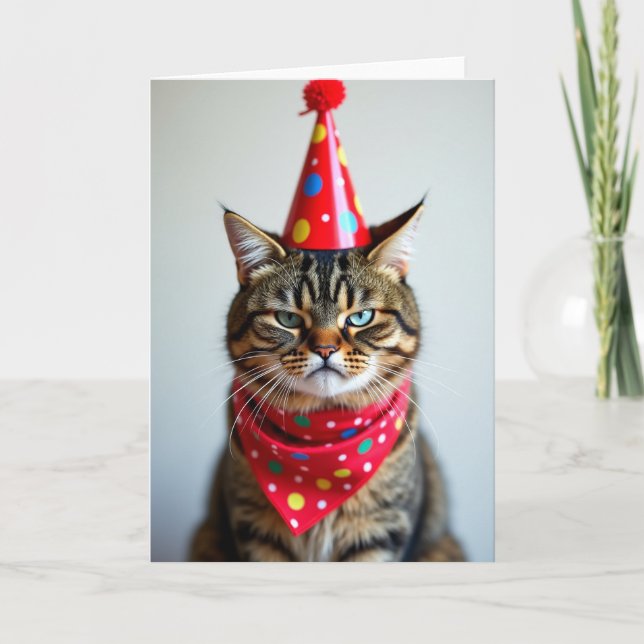Funny Cat Birthday Hat Card (Front)