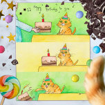 Funny Cat Birthday postcard<br><div class="desc">Send this cute birthday card to your favorite cat person. This card is a comic in which an orange tabby gets a cake and then proceeds to throw it off the counter, in typical cat fashion. All cat owners will recognize this behavior. This humorous cat card is sure to get...</div>