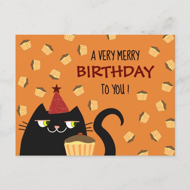 Funny Cat Birthday Postcard Cupcake Cute (Front)