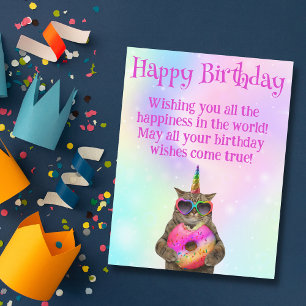 Funny Cat Birthday with Pink Donut & script Postcard