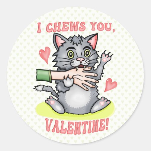 Funny Cat Biting Hand I Chews You Valentines Day Classic Round Sticker