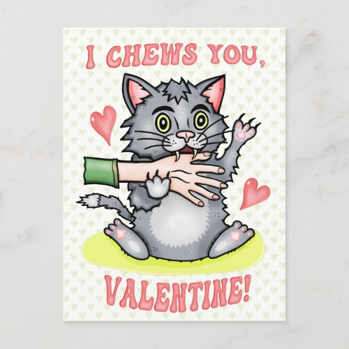 Funny Cat Biting Hand I Chews You Valentines Day Postcard