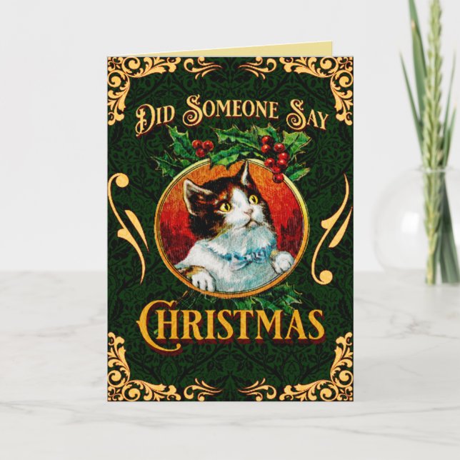 Funny Cat Black and Gold Christmas  Holiday Card (Front)