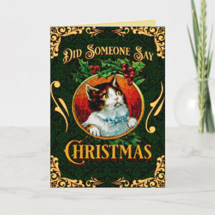 Funny Cat Black and Gold Christmas Holiday Card
