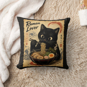 Funny Cat Black Ramen Japanese Art Style Throw Pillow