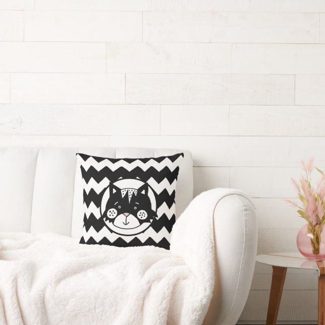 Funny Cat Black & White Chevron Throw Pillow (Couch)