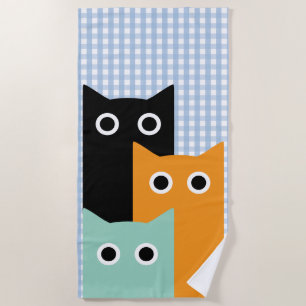Funny Cat, Blue Gingham Beach Towel