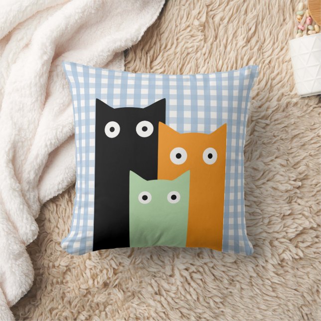 Funny Cat, Blue Gingham Throw Pillow (Blanket)