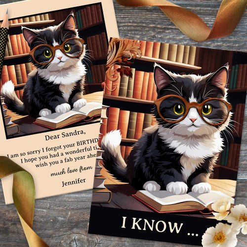 Funny Cat Books Belated Birthday  Card
