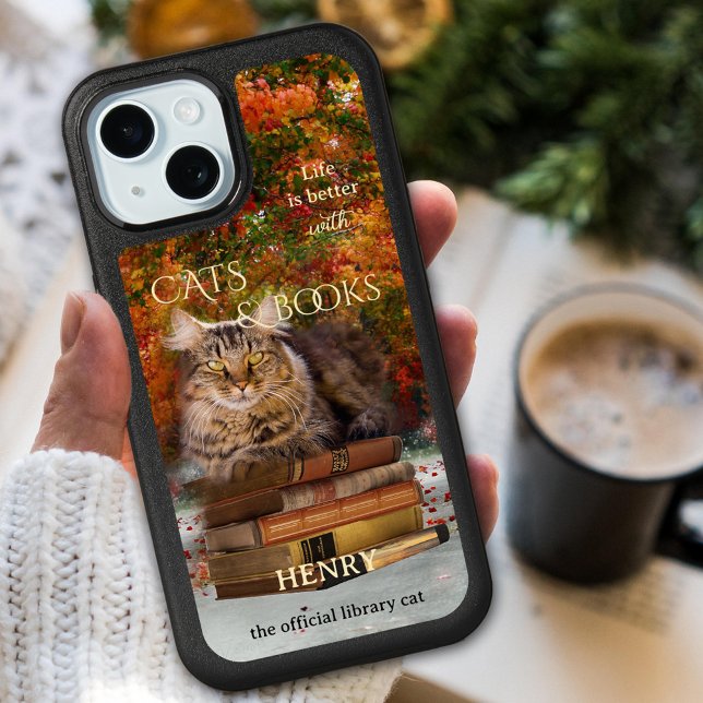 Funny Cat Books Library Phone Case (Phone case featuring a surreal painting of a dreamy cat on a pile of books in an autumn scene)