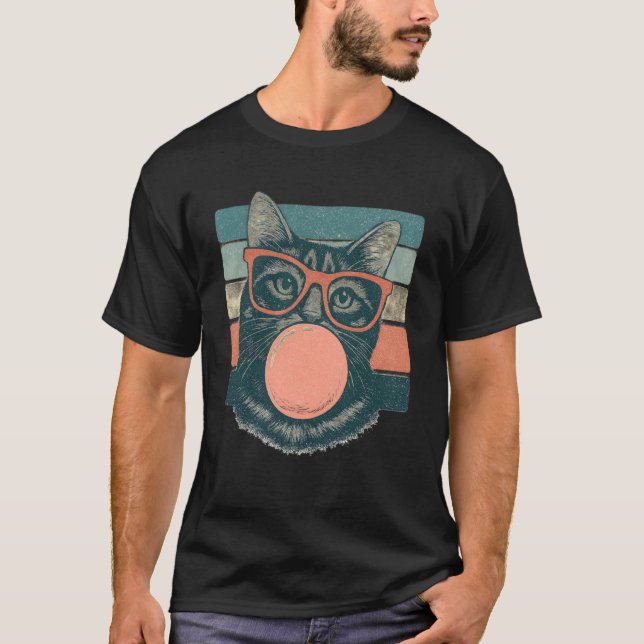 Funny Cat Bubble Gum Cute Cat Retro T-Shirt (Front)