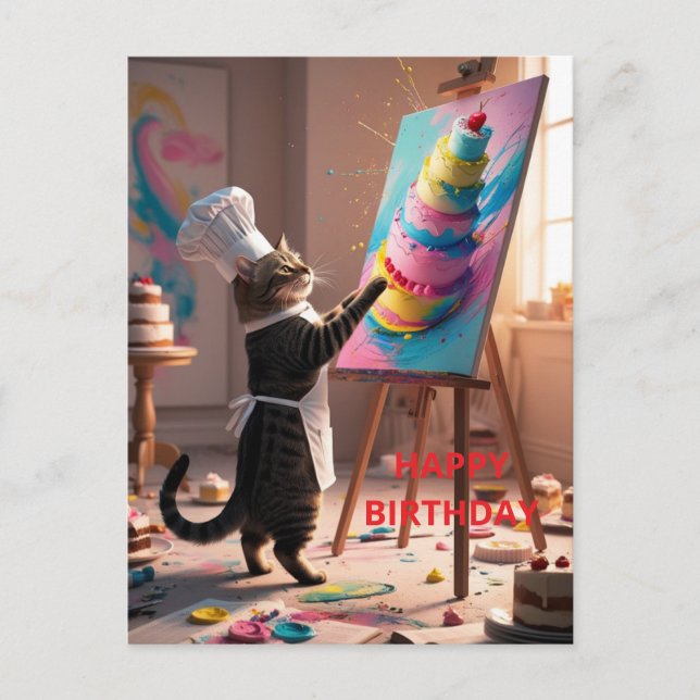 Funny Cat Cake Happy Birthday Greeting Card (Front)