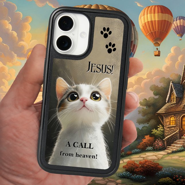 Funny Cat Call From Heaven Jesus Phone Case (Phone case featuring a painting of a cute kitten watching the magical world above. Jesus Christ call)