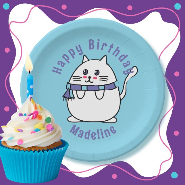 Funny Cat Cartoon Blue White Personalized Birthday Paper Plates (Creator Uploaded)