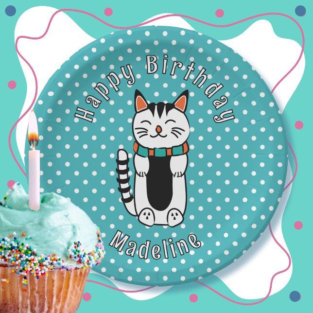 Funny Cat Cartoon Turquoise White Dot Birthday Paper Plates (Creator Uploaded)