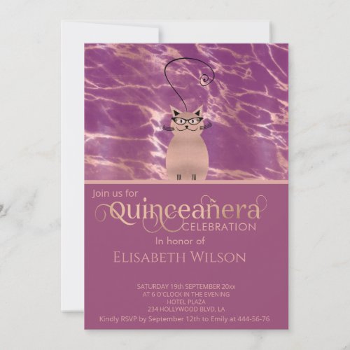 Funny cat Cassis rose gold marble  Quinceaera Invitation