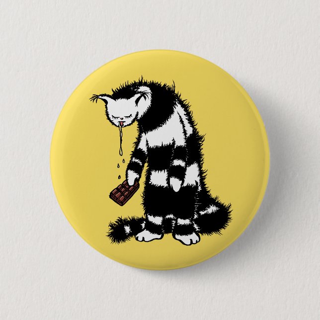 Funny Cat Chocolate Lover - Ink Drawn Drooling Cat Button (Front)