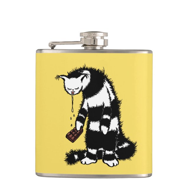 Funny Cat Chocolate Lover - Ink Drawn Drooling Cat Flask (Front)