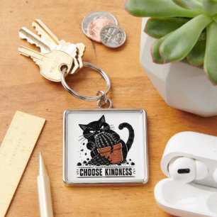 Funny Cat Choose Kindness Linocut Meme Keychain