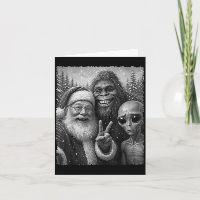 Funny Cat Christmas Bigfoot Alien Santa Snow Selfi Card (Front)