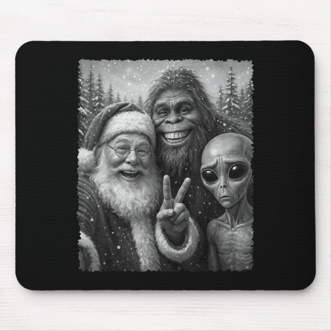 Funny Cat Christmas Bigfoot Alien Santa Snow Selfi Mouse Pad (Front)